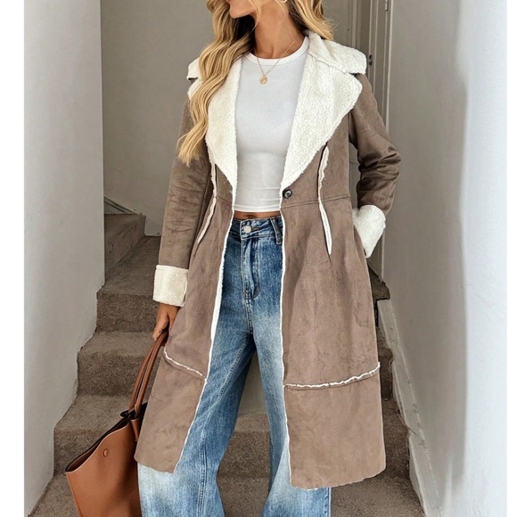 Luxe Vegan Suede Teddy Lined Button Knee Length Jacket Coat - Picture 2 of 9